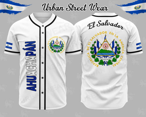El Salvador State Baseball Jersey featuring Ahuachapan design, showcasing pride in El Salvador with vibrant colors.