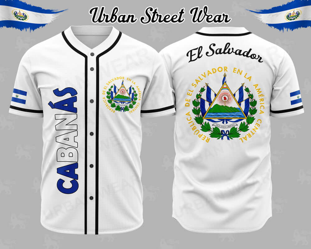El Salvador State Baseball Jersey featuring vibrant design and CABAÑAS text, perfect for showcasing El Salvador pride.